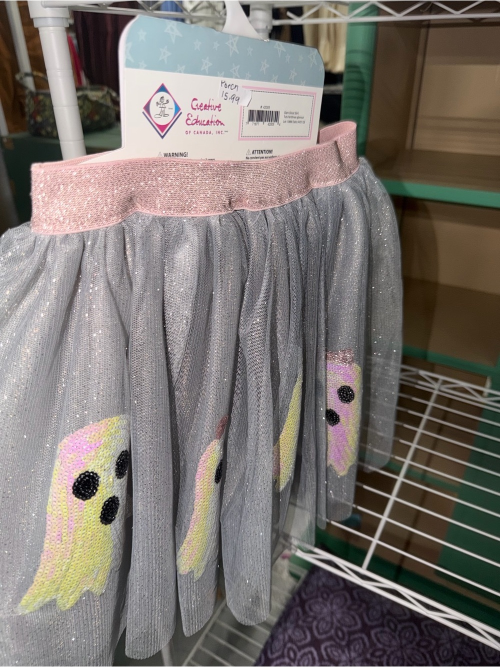 Creative Education Girls' Gray Glitter Ghost Tulle Skirt with Pink Waistband